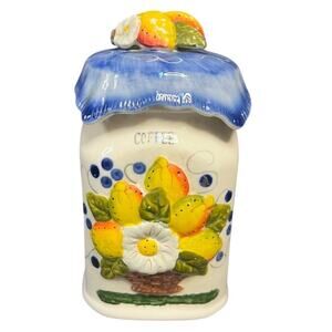 Vintage Ceramic Coffee Canister with Lid Floral Lemons Farmhouse